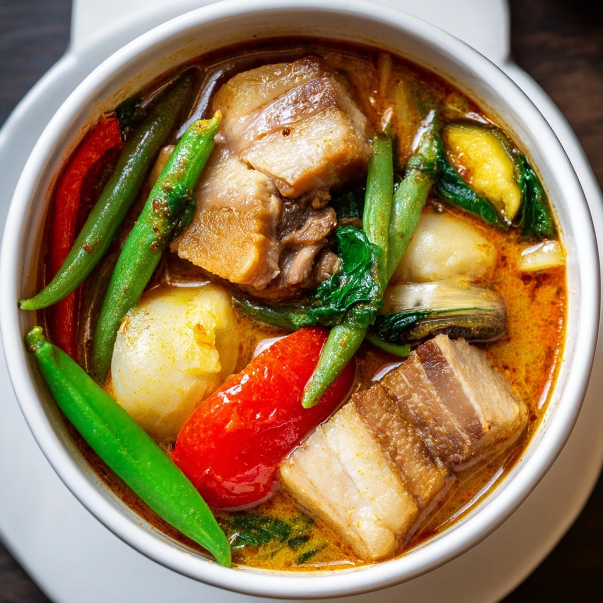 Filipino Sinigang soup featuring vibrant spinach eggplant and radish in a cloudy sour broth