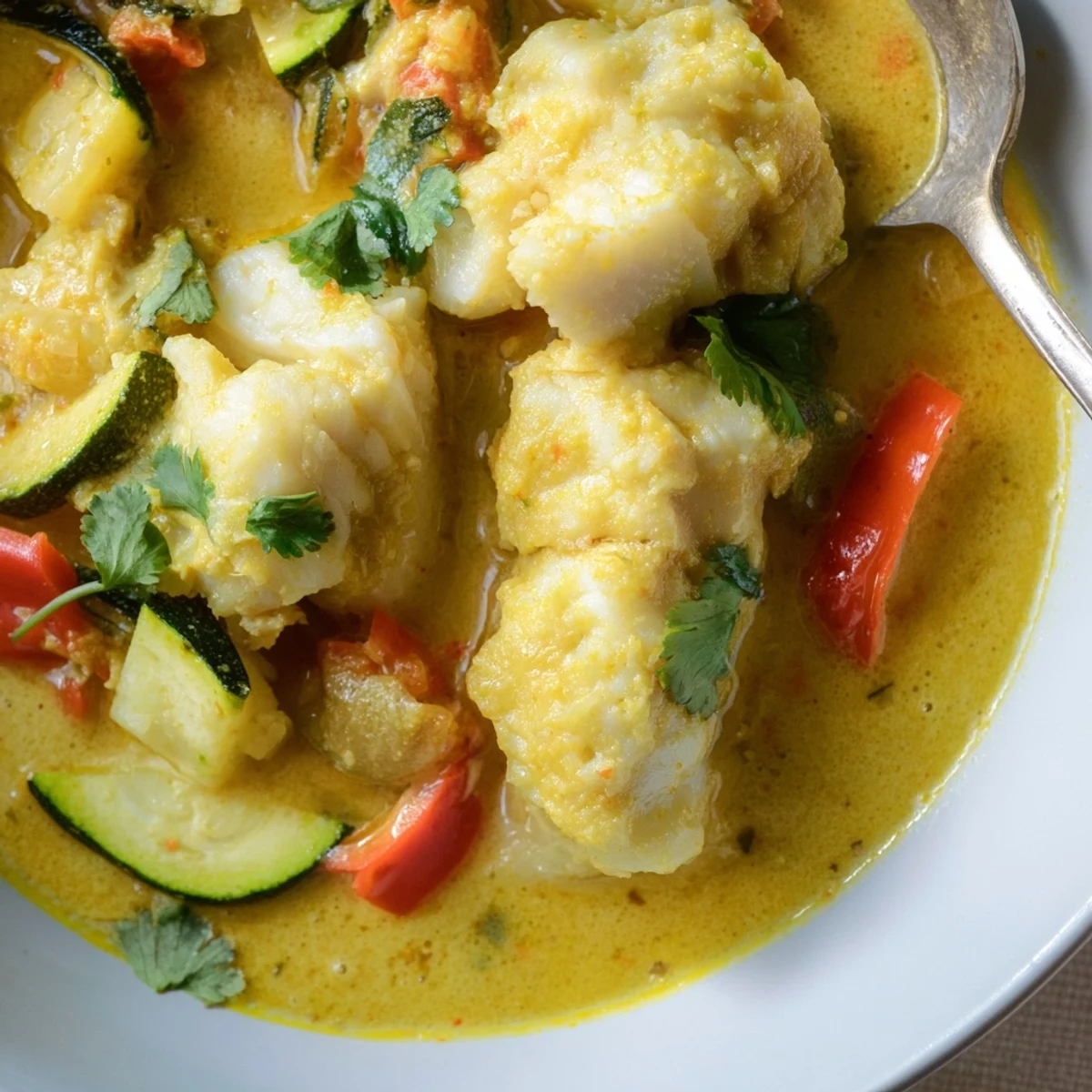 Creamy coconut white fish stew in golden broth with tender vegetables and fresh cilantro garnish