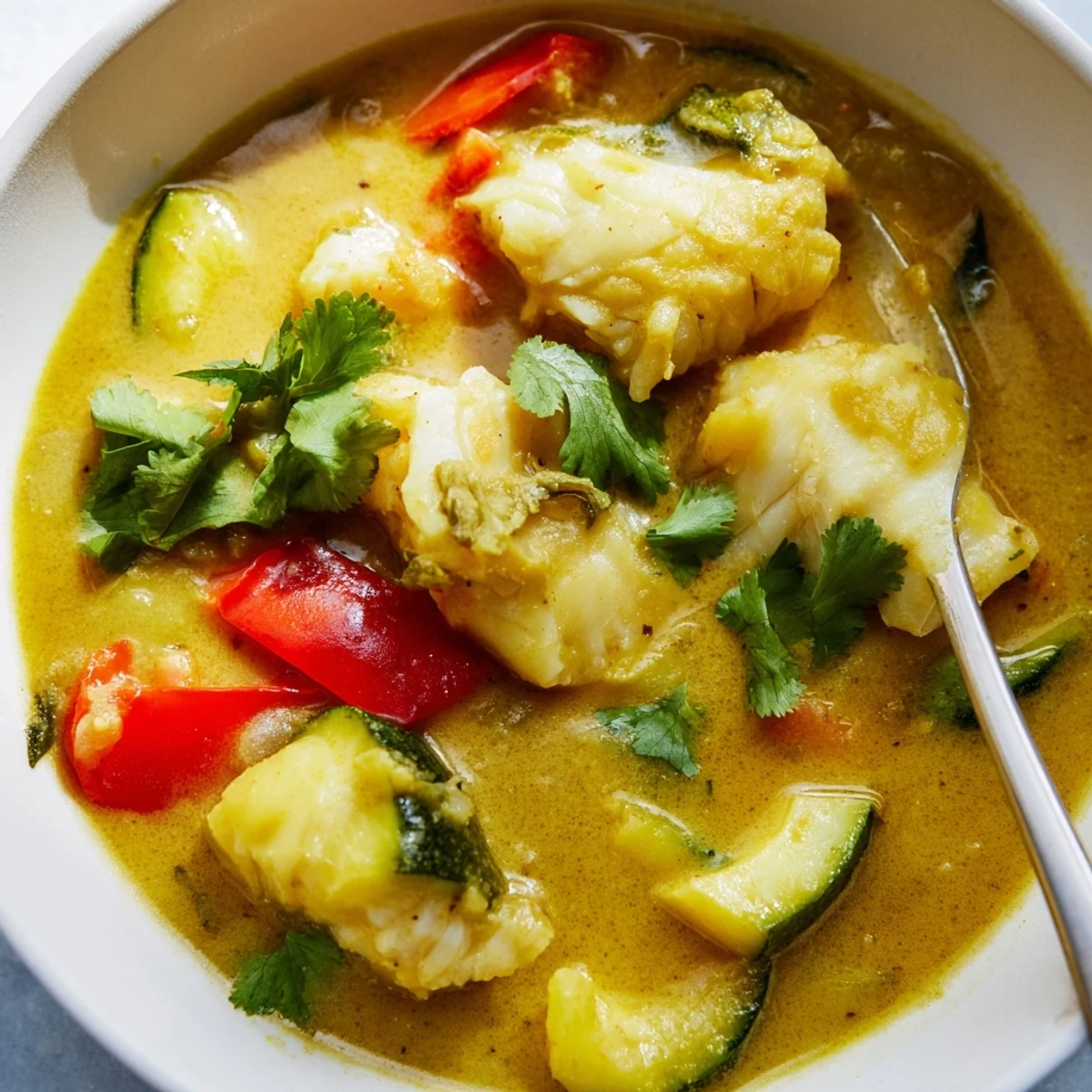 White fish chunks simmered in aromatic coconut stew with colorful bell peppers and lime wedges