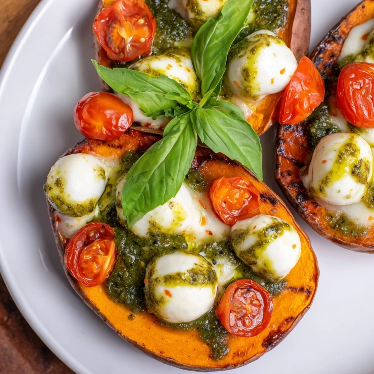 Golden roasted sweet potatoes topped with tomatoes, mozzarella, and bright green pesto drizzle
