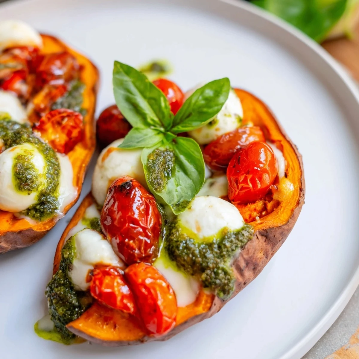 Summer sweet potatoes with tomatoes and mozzarella nestled in creamy basil pesto sauce