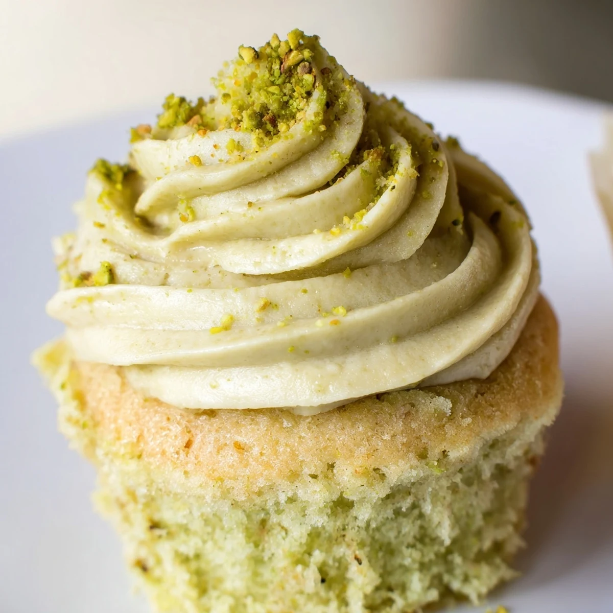 Pistachio cupcakes topped with swirls of creamy green buttercream on a rustic tray