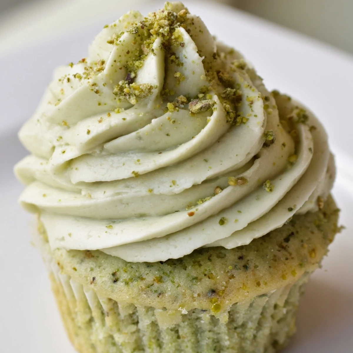 Moist pistachio cupcakes crowned with rich buttercream, beautifully piped and sprinkled with nuts
