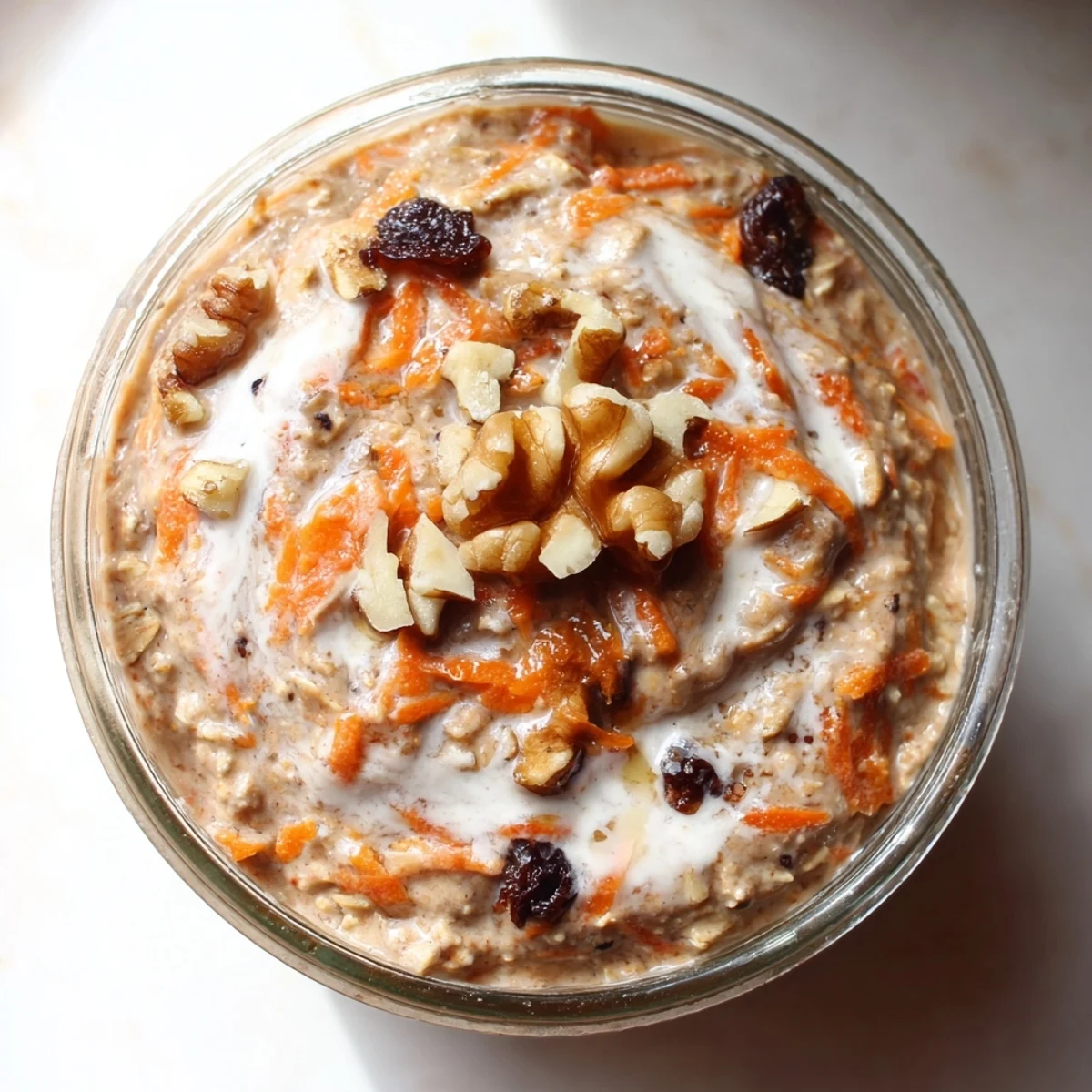 Creamy carrot cake overnight oats topped with chopped walnuts and a sprinkle of cinnamon