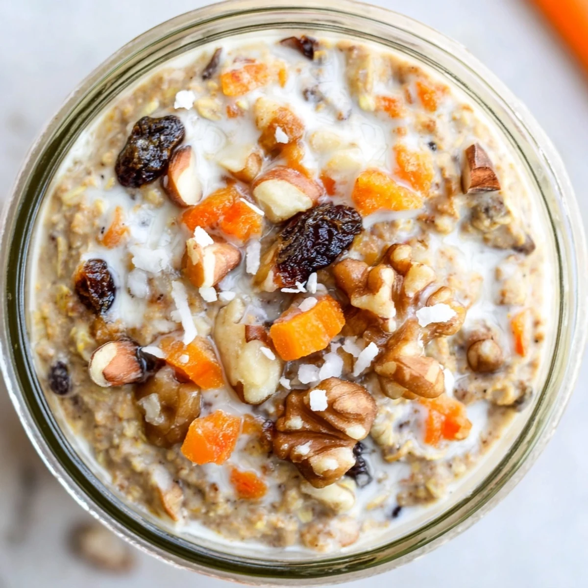 Vibrant carrot cake overnight oats swirled with Greek yogurt and drizzled with maple syrup