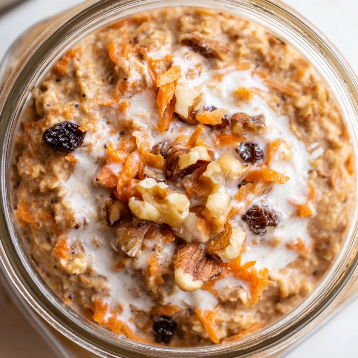 Spiced carrot cake overnight oats in a mason jar with raisins and shredded coconut