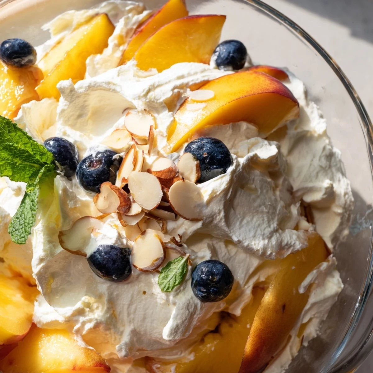 Creamy peaches and cream salad topped with fresh mint and sliced almonds in a glass