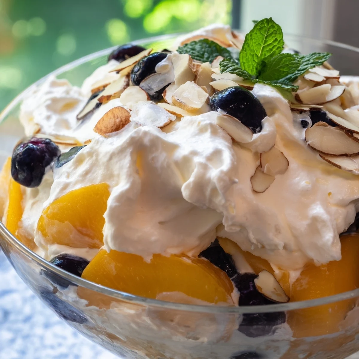 Sliced ripe peaches layered with fluffy whipped cream in this refreshing peaches and cream salad