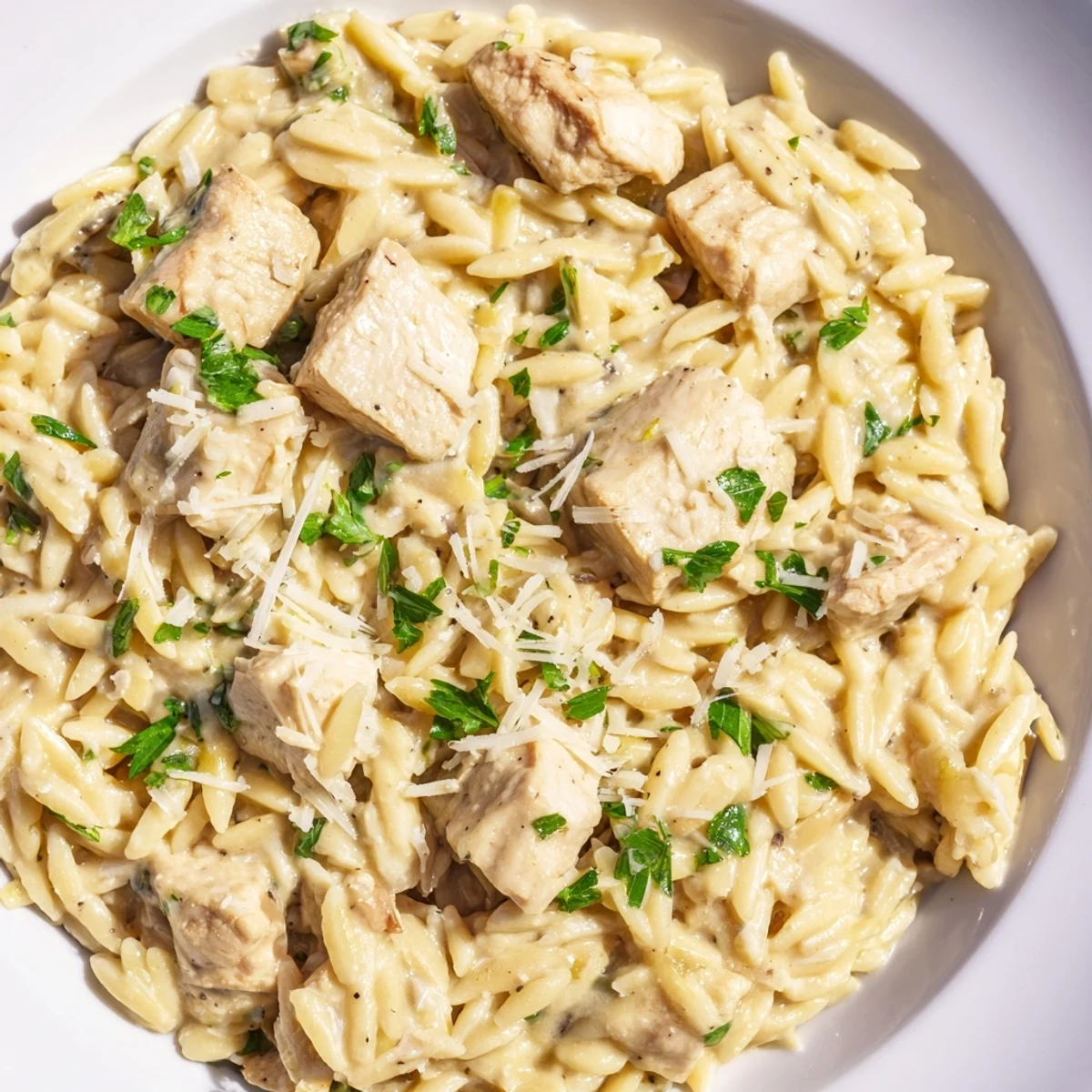 Creamy One Pot Cajun Chicken Alfredo Orzo served in a rustic skillet with fresh parsley garnish