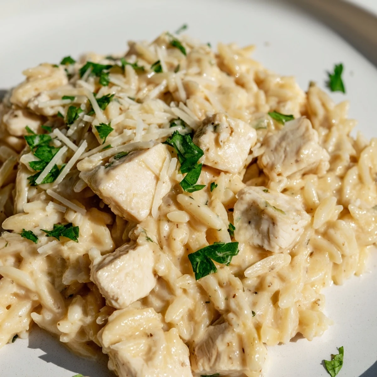 Steaming bowl of One Pot Cajun Chicken Alfredo Orzo with tender meat and vibrant peppers