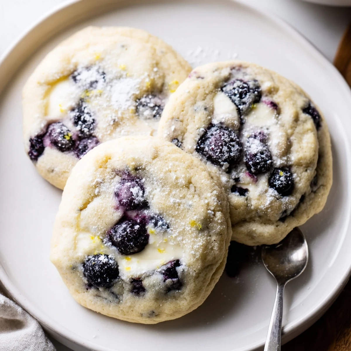 Soft lemon blueberry cheesecake cookies with golden edges and juicy berry bursts on rustic parchment paper