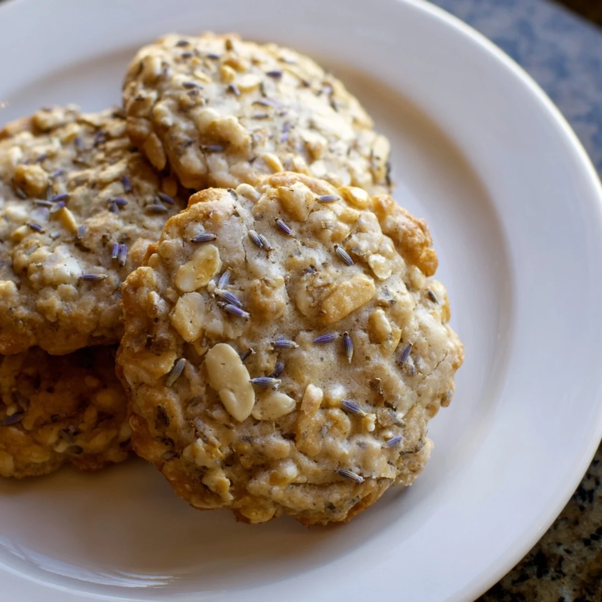 Golden lavender honey crunch cookies with toasted nuts on a rustic parchment sheet