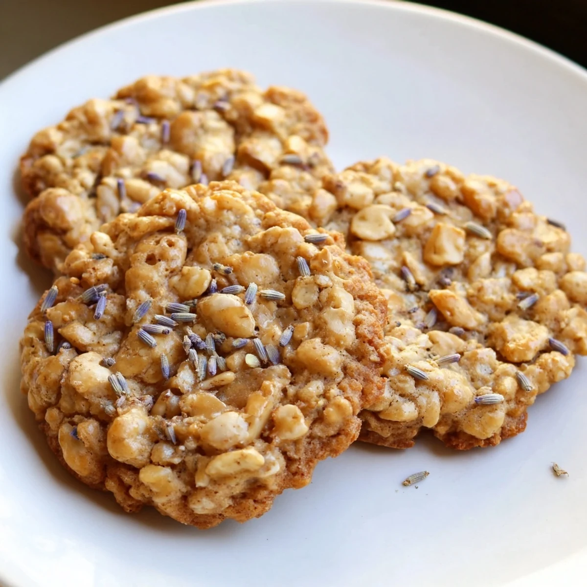 Crisp lavender honey crunch cookies stacked beside a steaming cup of chamomile tea