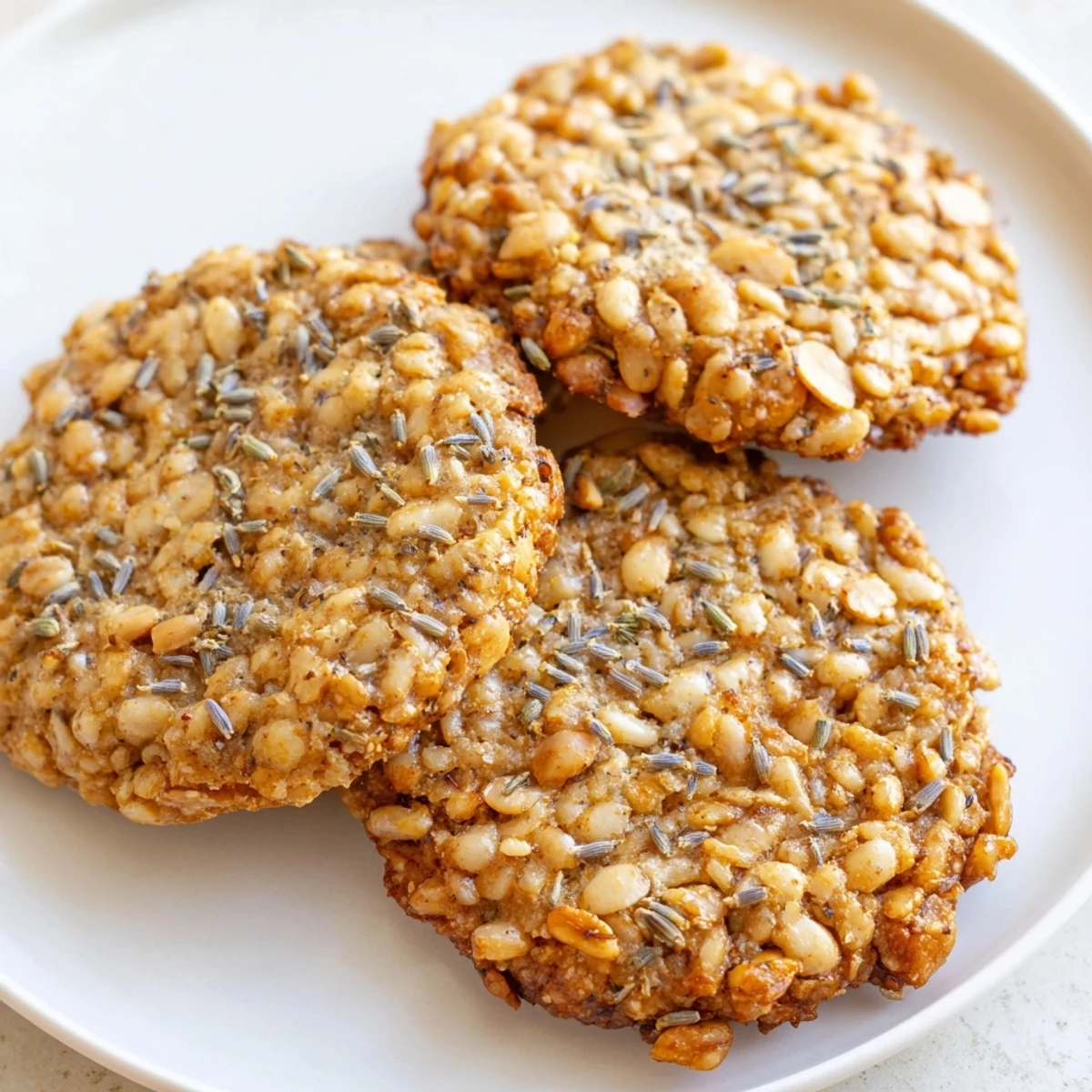 Close-up of lavender honey crunch cookies with chewy centers and crackled golden edges