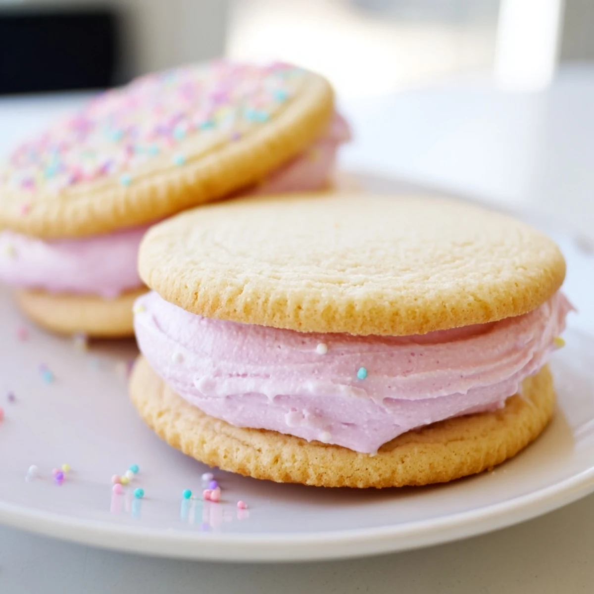 Soft pastel sugar cookie sandwiches with swirled buttercream on a floral plate