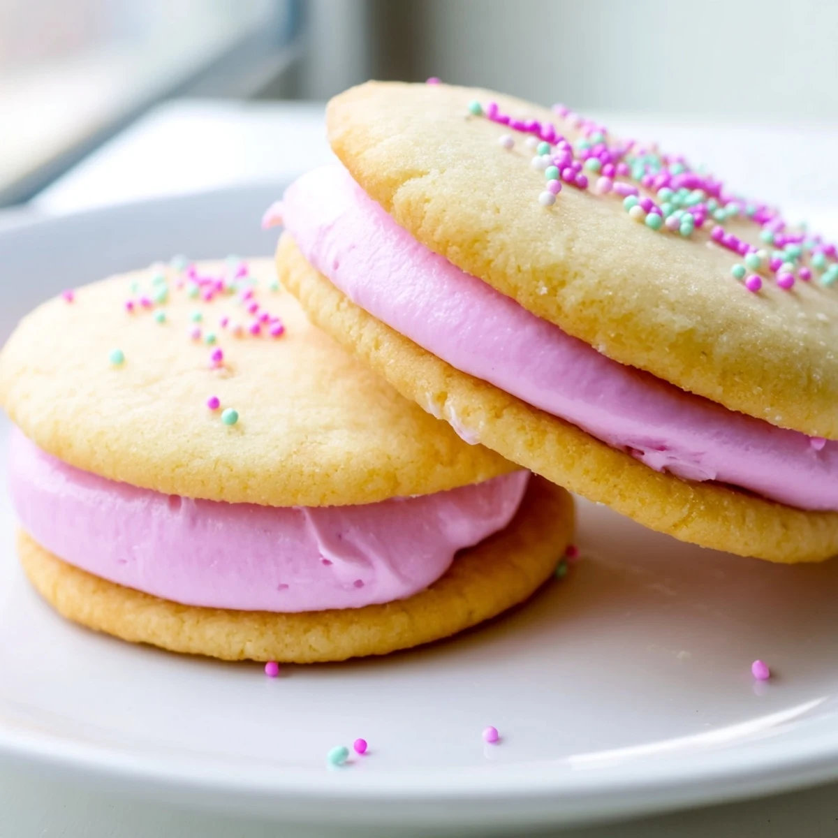 Pastel sugar cookie sandwiches arranged on a pastel blue serving platter