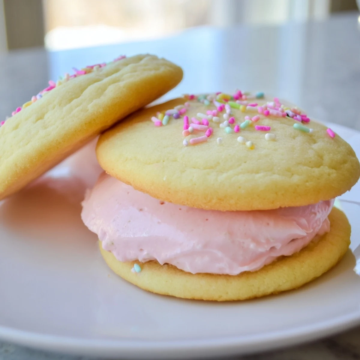 Close-up of pastel sugar cookie sandwiches revealing thick creamy buttercream filling