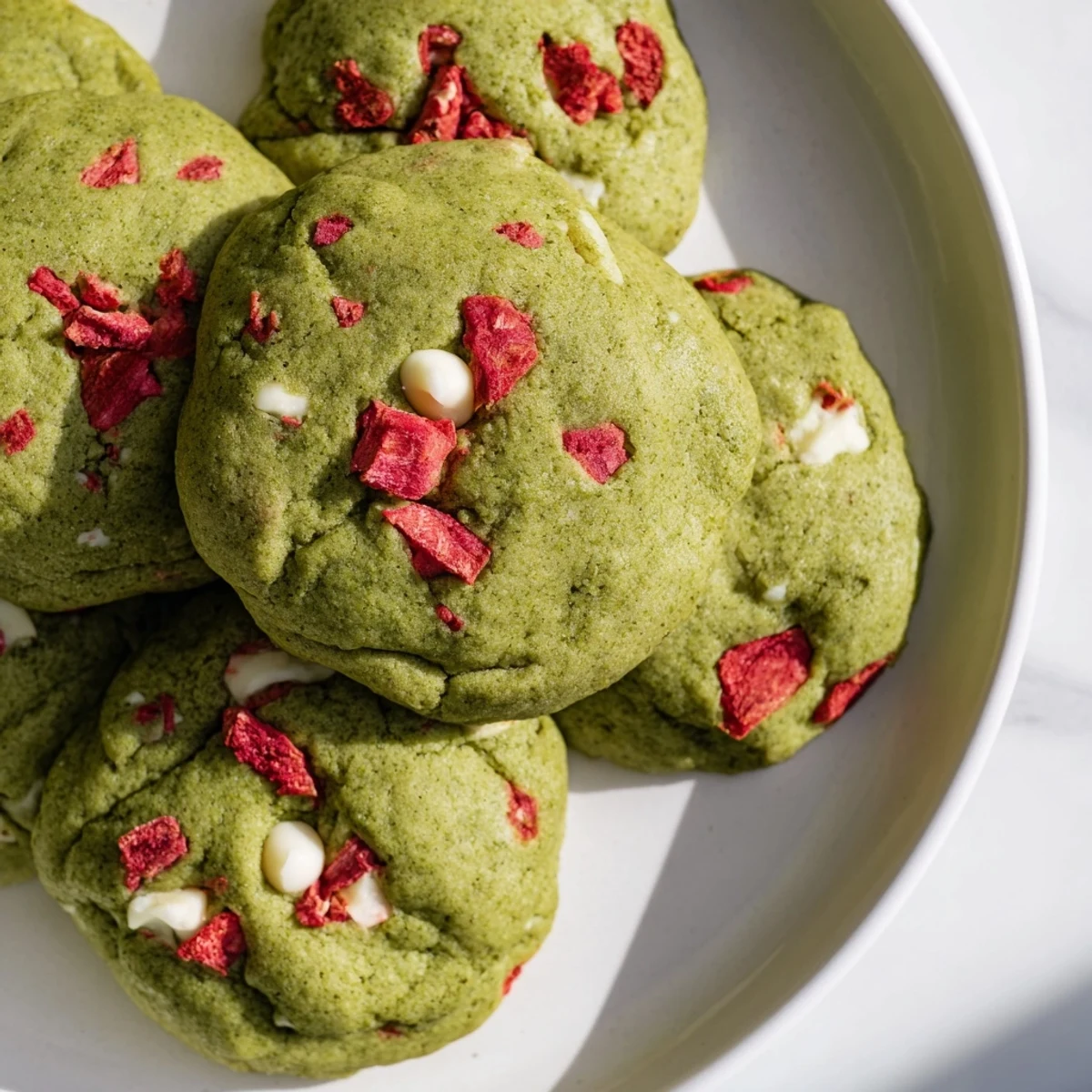 Soft strawberry matcha cookies with vibrant green dough and scattered red berry pieces