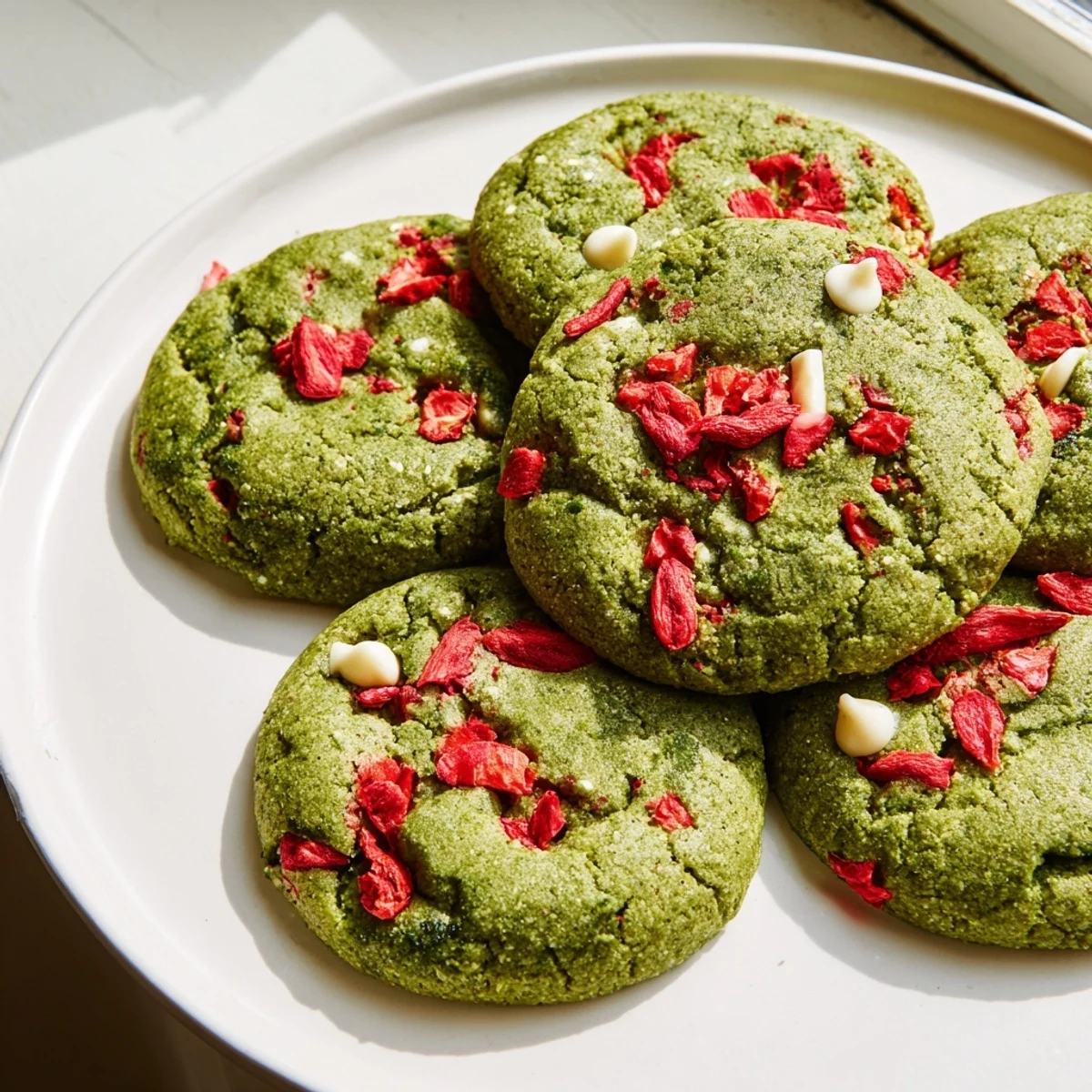 Chewy matcha green tea cookies studded with ruby strawberry bits on rustic parchment