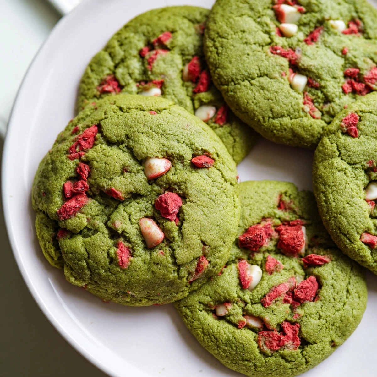 Golden-edged strawberry matcha cookies with crackly surfaces and flecks of sweet dried berries