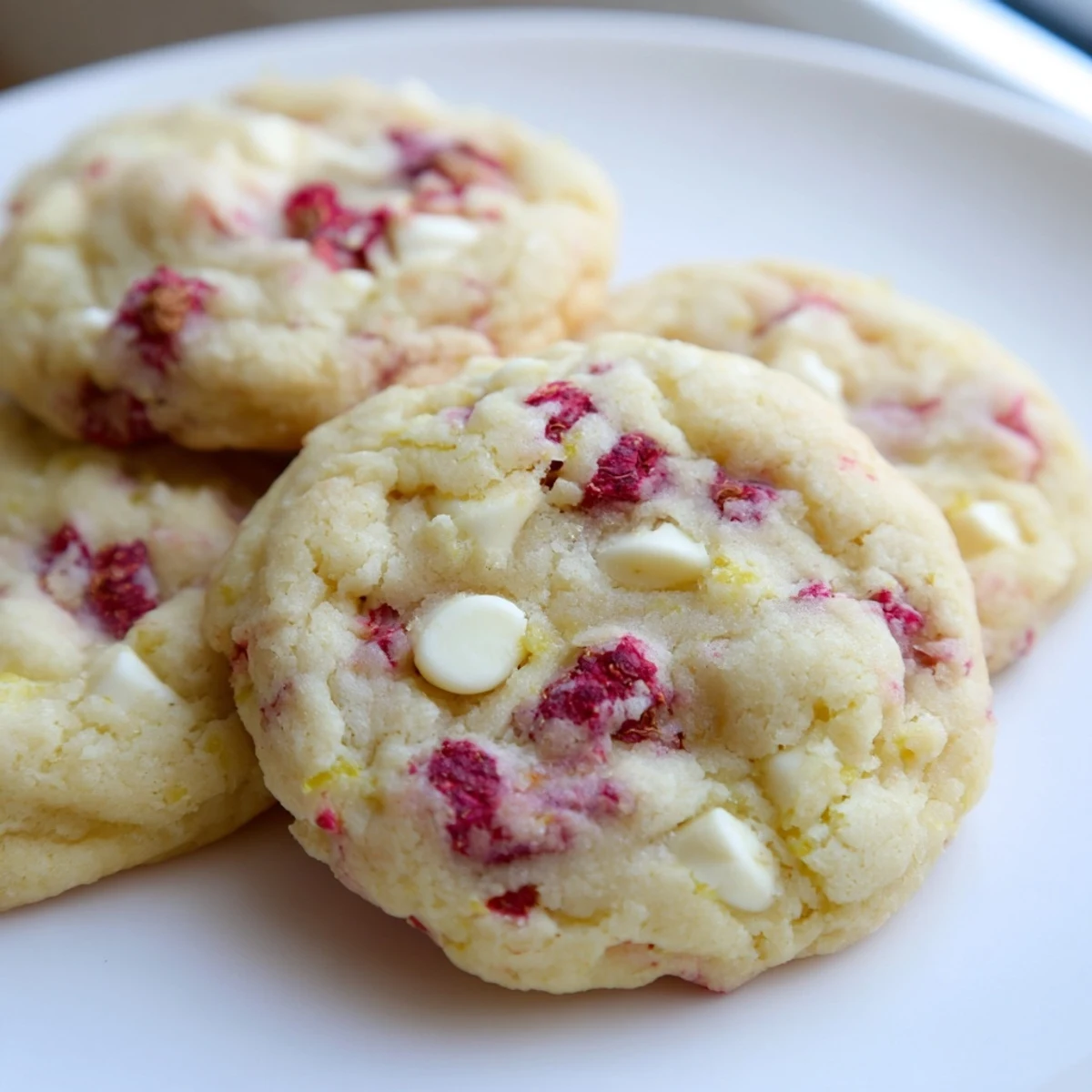 Golden Lemon Raspberry Cookies with juicy berry pieces on a rustic white platter