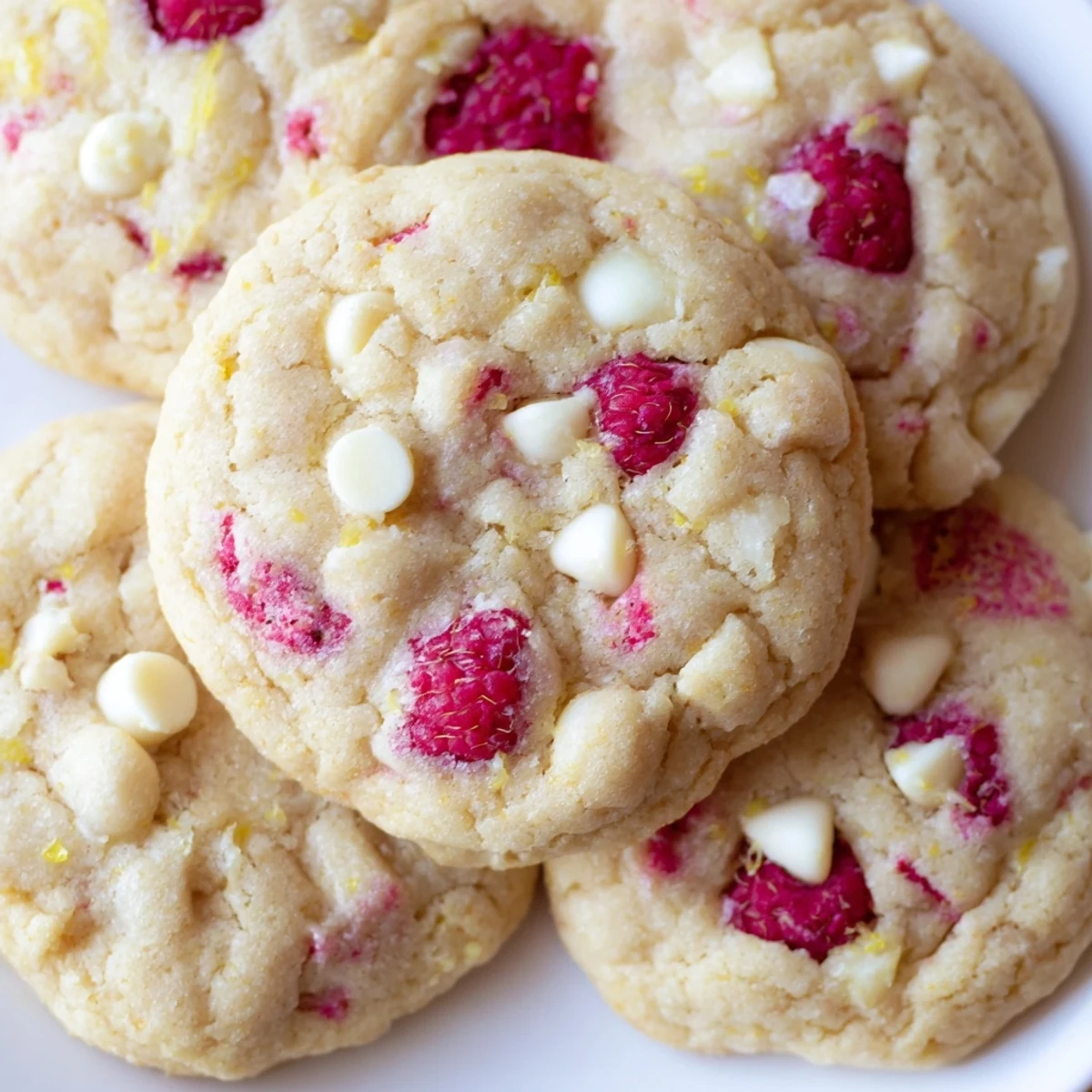 Soft chewy Lemon Raspberry Cookies with melted white chips and zest flecks