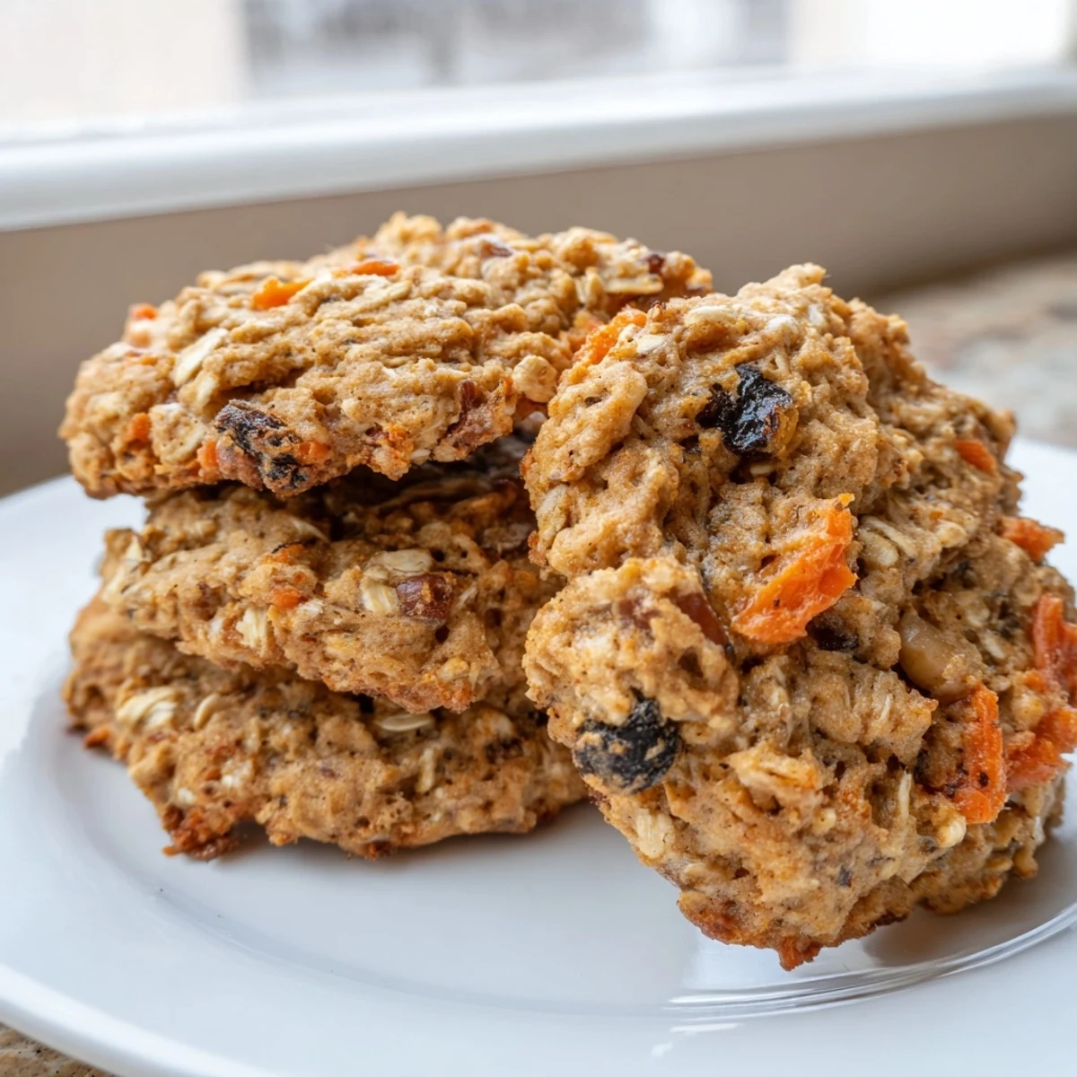 Chewy carrot cake cookies with visible carrot shreds and oats on rustic baking sheet