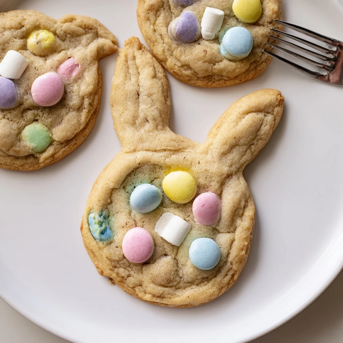 Soft chewy MM Bunny Cookies topped with colorful pastel chocolate candies on a festive plate