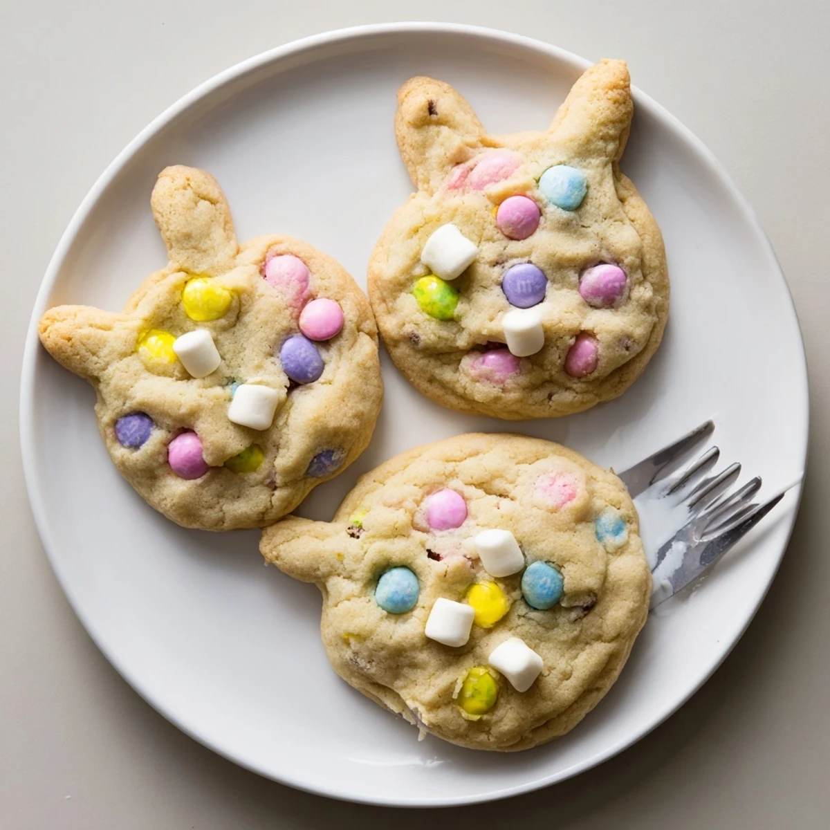 Golden batch of MM Bunny Cookies with melted edges and bright Easter M&M candies