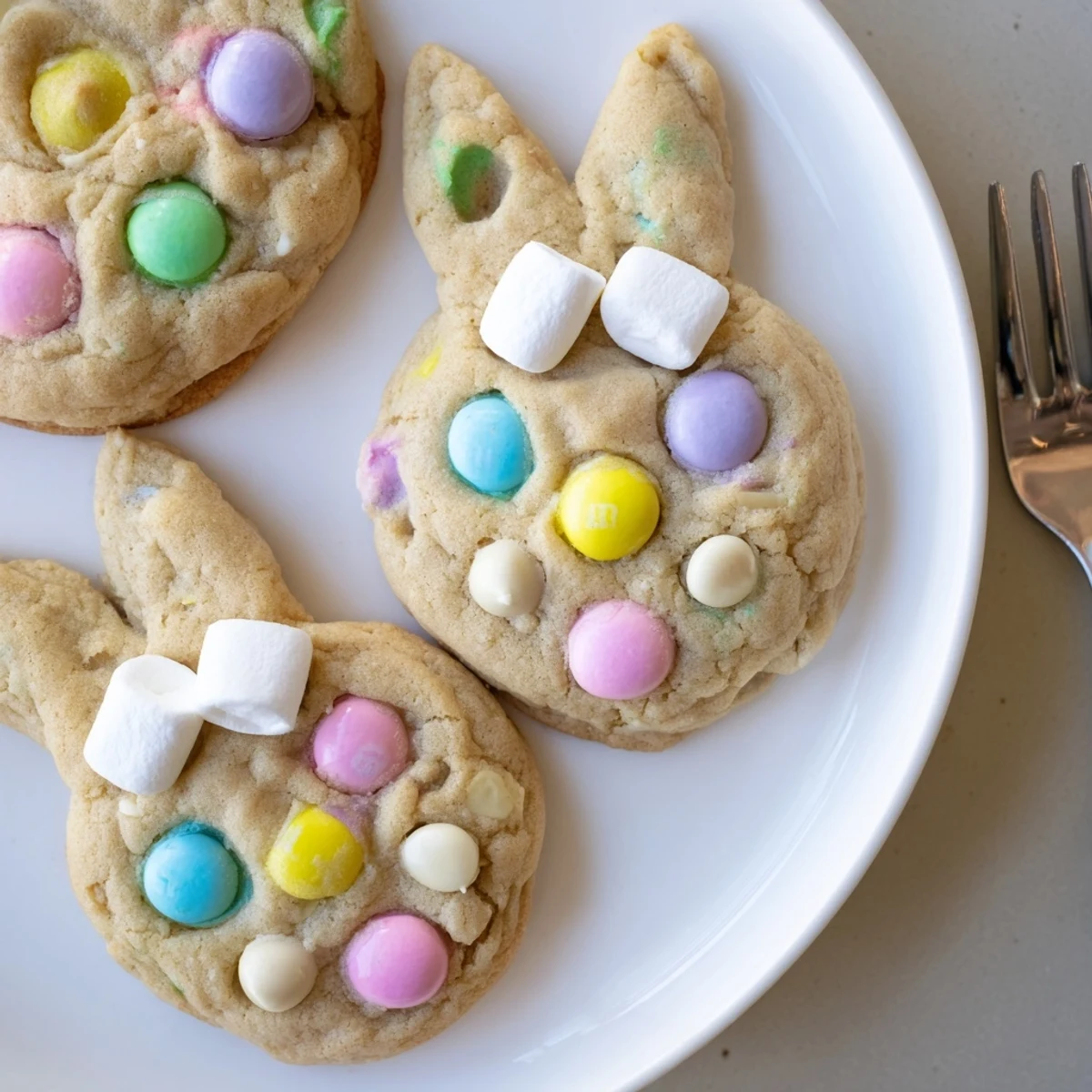 Thick pillowy MM Bunny Cookies studded with vibrant spring-colored chocolates cooling on parchment