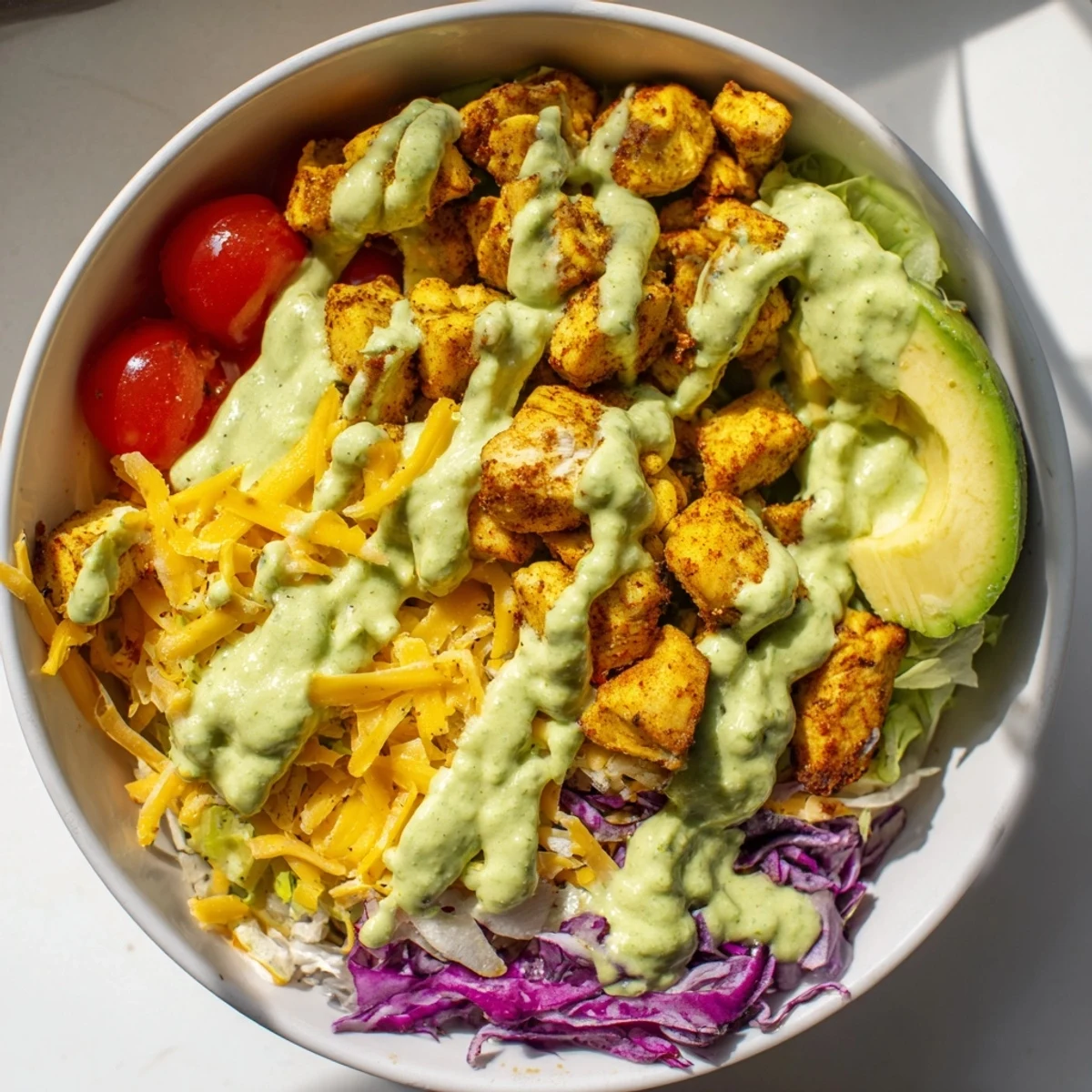 Colorful keto bowls loaded with fresh vegetables, tender chicken, and creamy avocado dressing