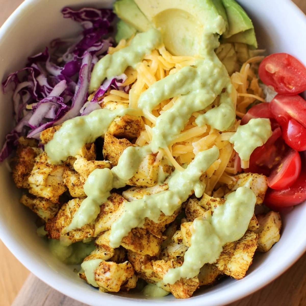 Keto bowls featuring crisp lettuce, seasoned chicken, and vibrant red cabbage drizzled with dressing
