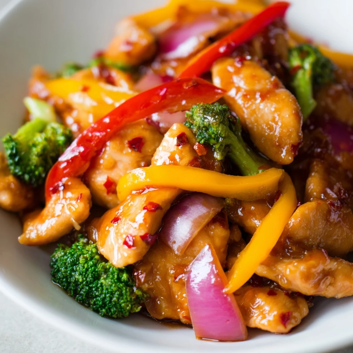 Colorful chicken and vegetable stir fry sizzling in a large skillet with glossy sauce