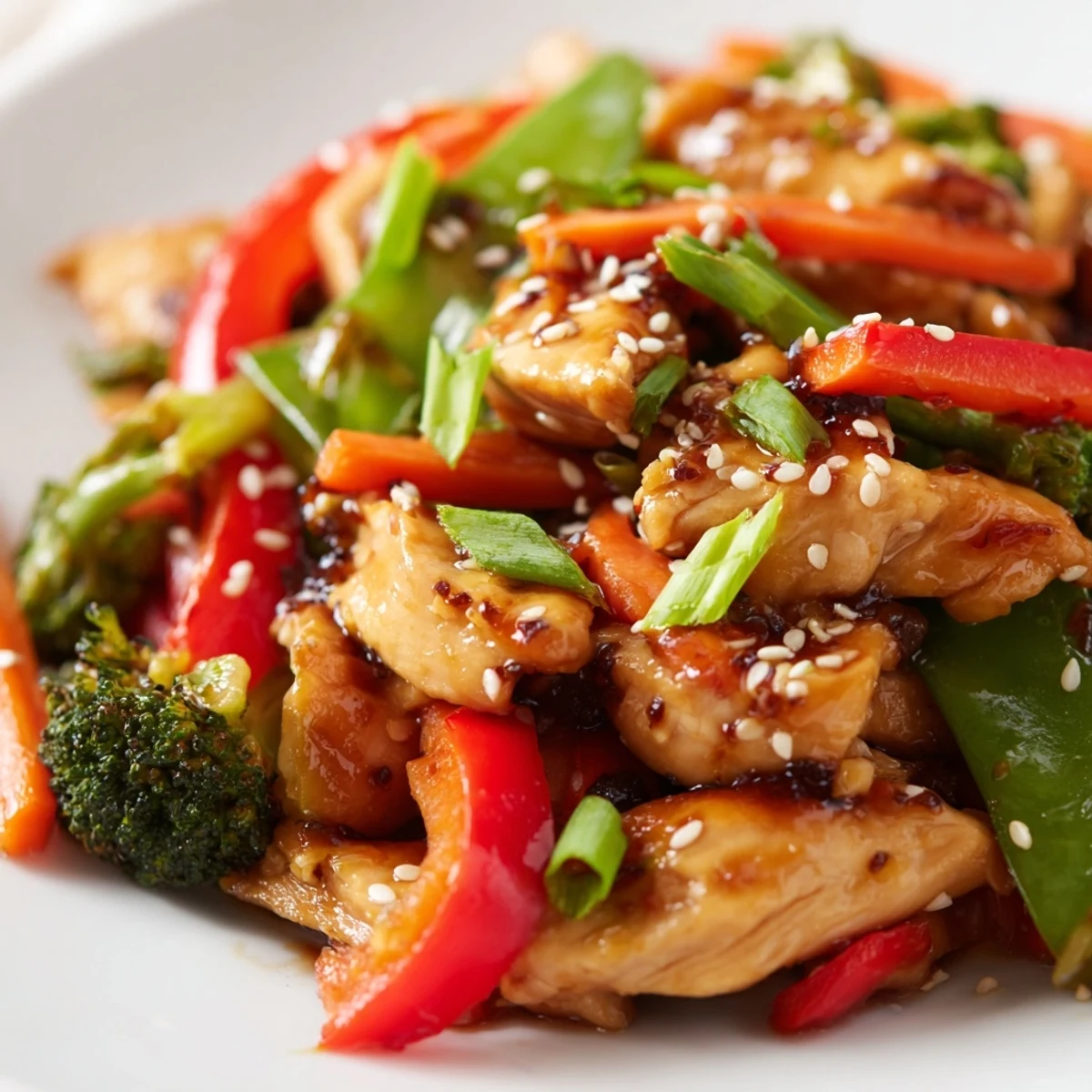 Sesame soy chicken stir fry in a wok with colorful crisp vegetables and glossy sauce