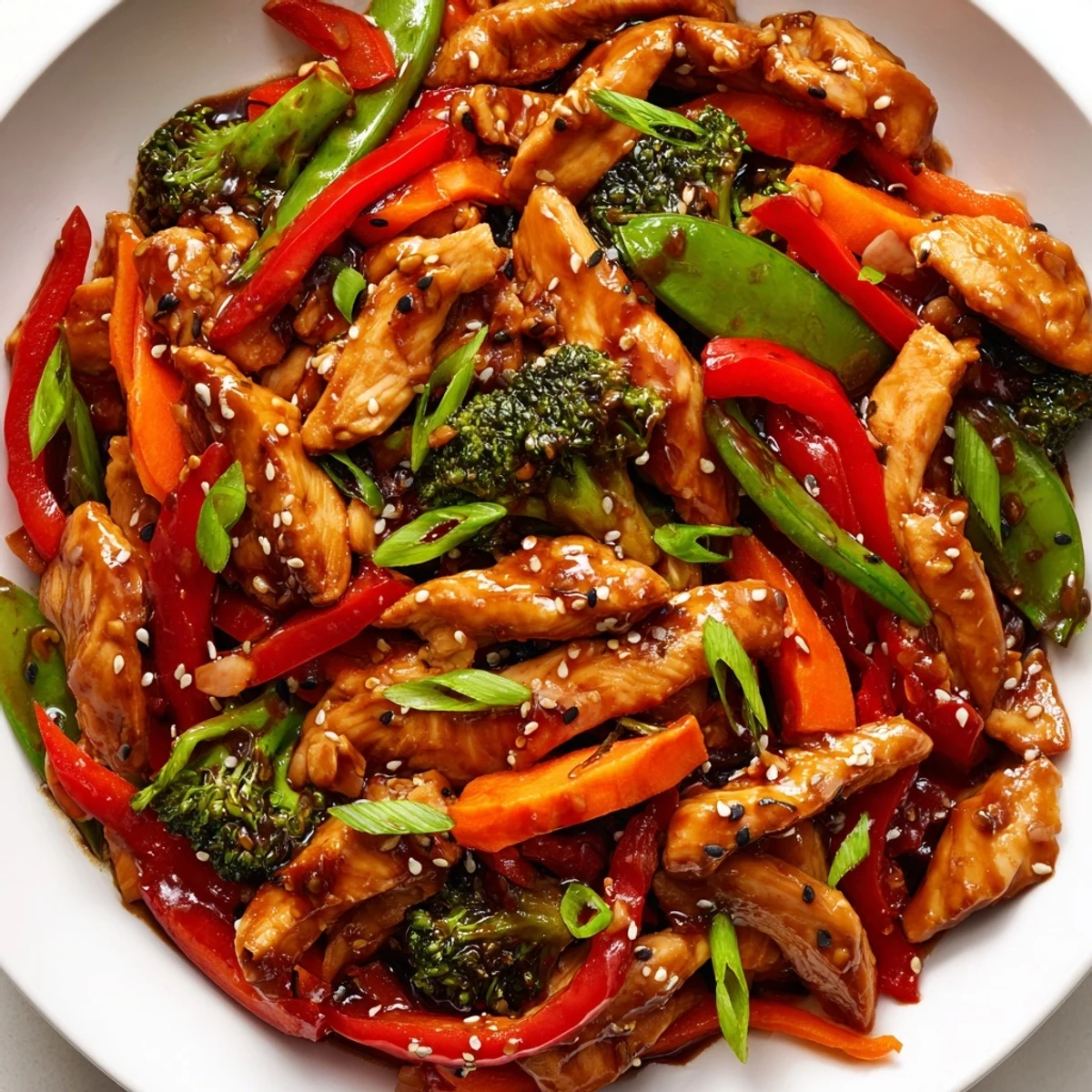 Tender sesame soy chicken stir fry topped with sesame seeds and fresh green onions