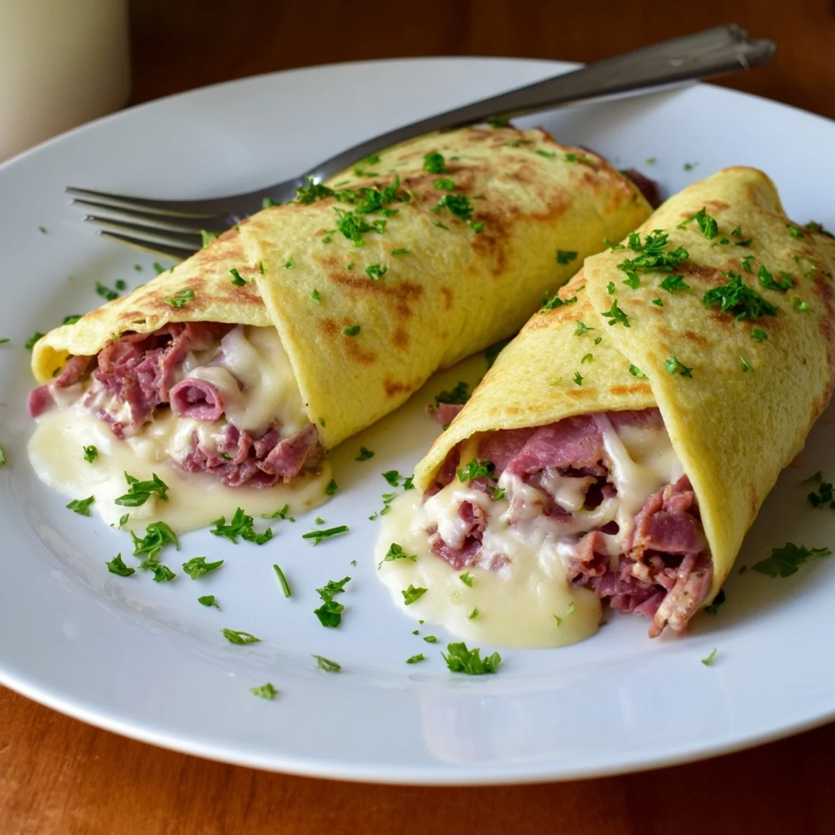 Golden Low Carb Reuben Egg Roll Ups filled with corned beef and melted Swiss cheese.