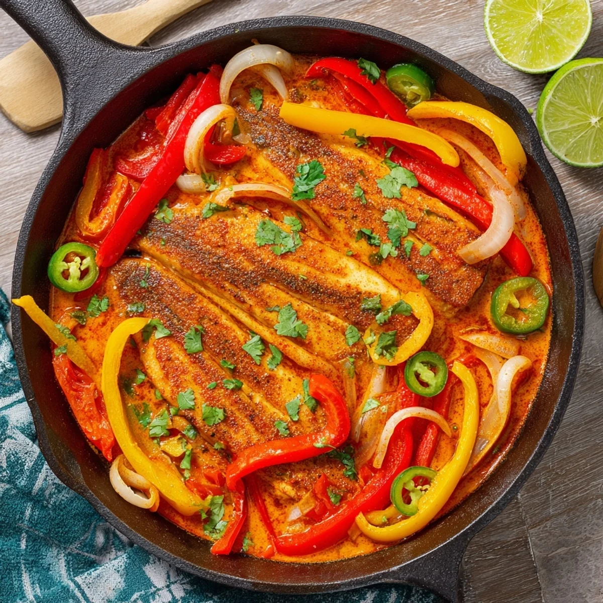 Spicy roasted pepper tilapia skillet simmering with vibrant red and yellow peppers in rustic cast iron pan