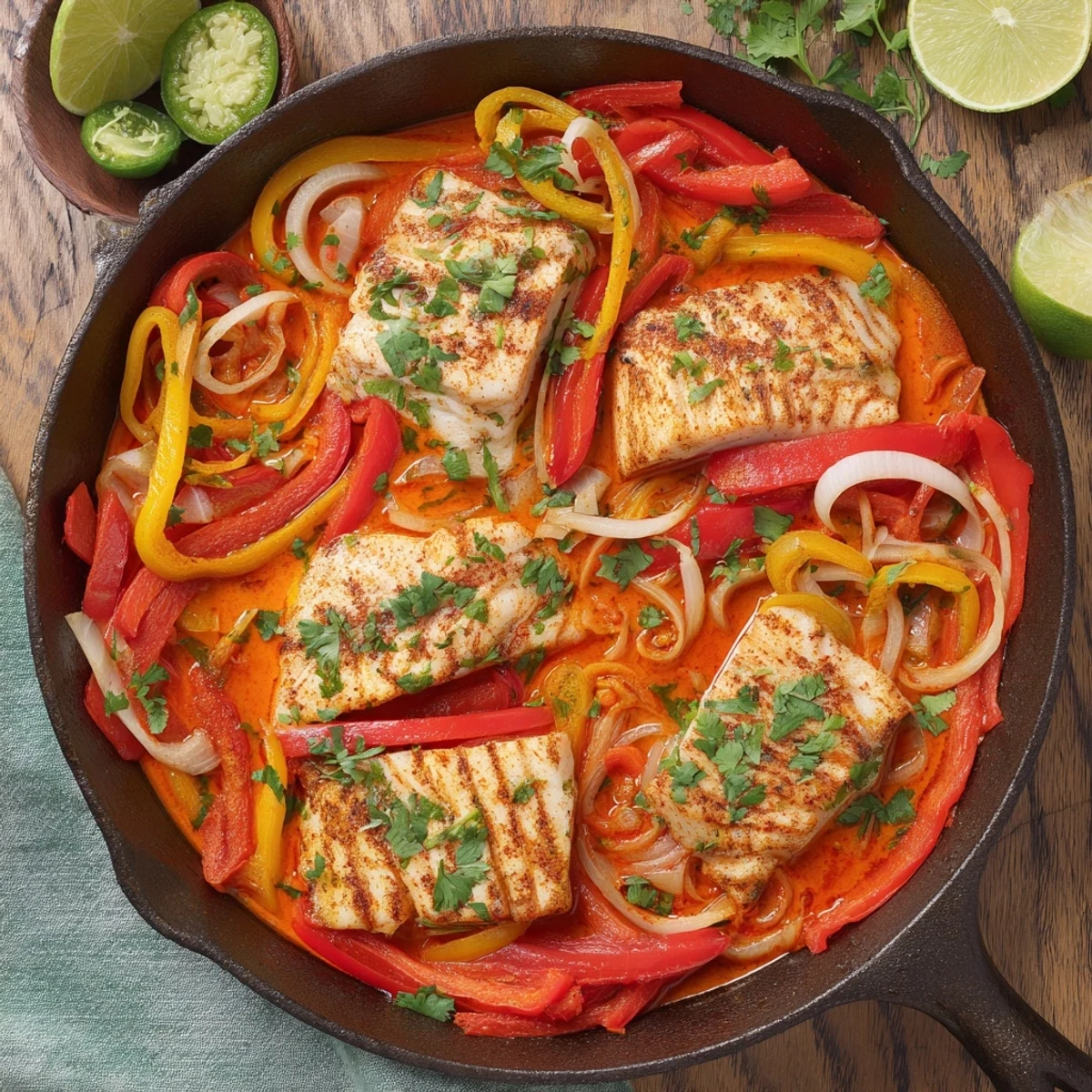 Golden seared tilapia fillets nestled among tender roasted peppers and zesty tomato sauce in skillet