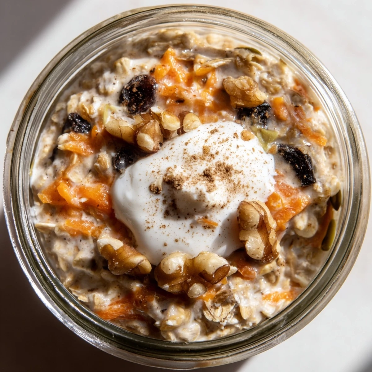 Creamy carrot cake overnight oats in a mason jar topped with crunchy walnuts and a cinnamon sprinkle