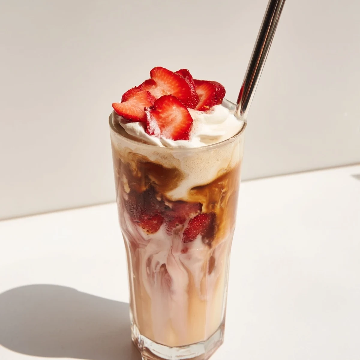 Creamy strawberry cold latte in a tall glass with fresh berries and whipped cream topping