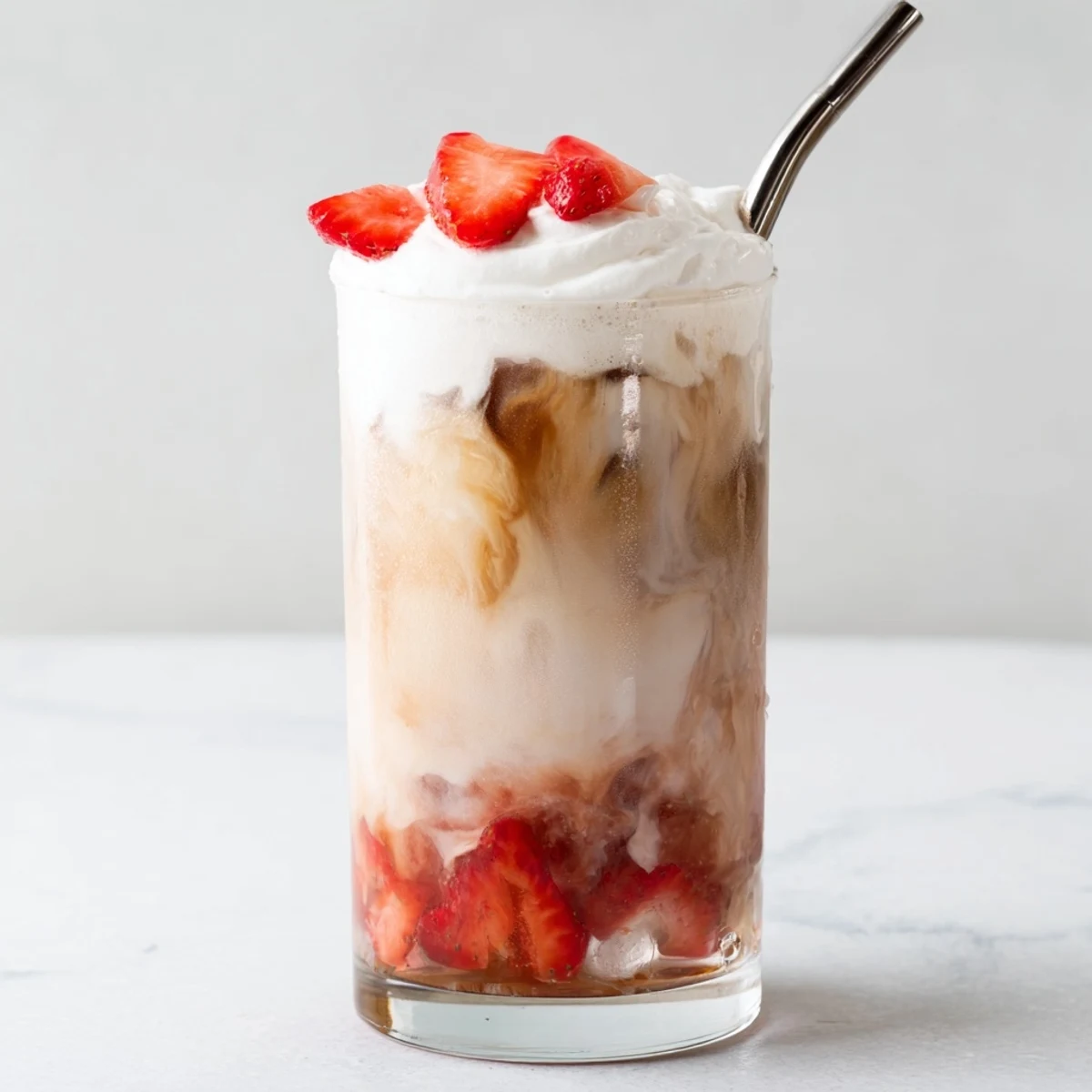 Iced strawberry cream latte with swirled espresso over ice in a clear serving glass