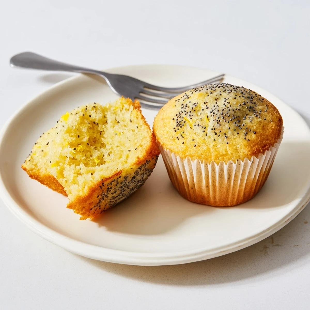Golden lemon poppy seed muffins with domed tops served on a rustic white ceramic plate