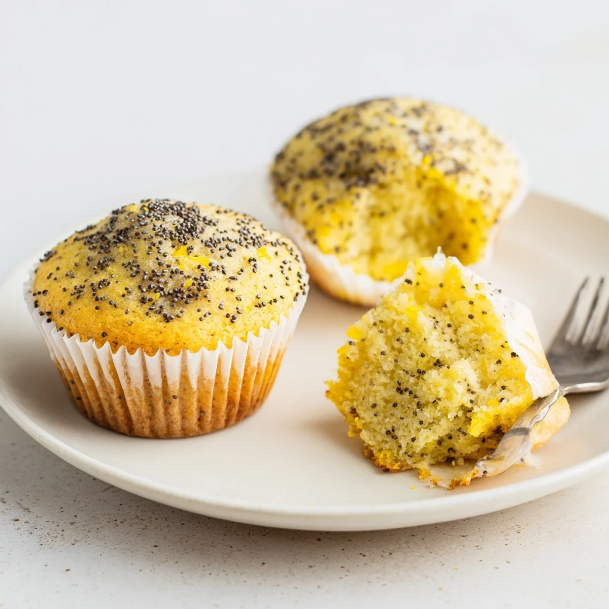 Moist lemon poppy seed muffins speckled with zest arranged on a wire cooling rack