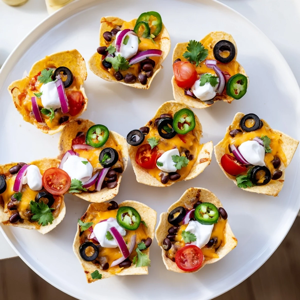 Golden cheesy nacho cups bubbling with melted cheddar and colorful fresh toppings in muffin tin