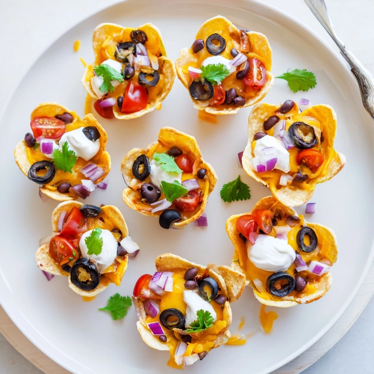 Crispy tortilla cups overflowing with gooey Monterey Jack cheese beans and zesty jalapeño garnish