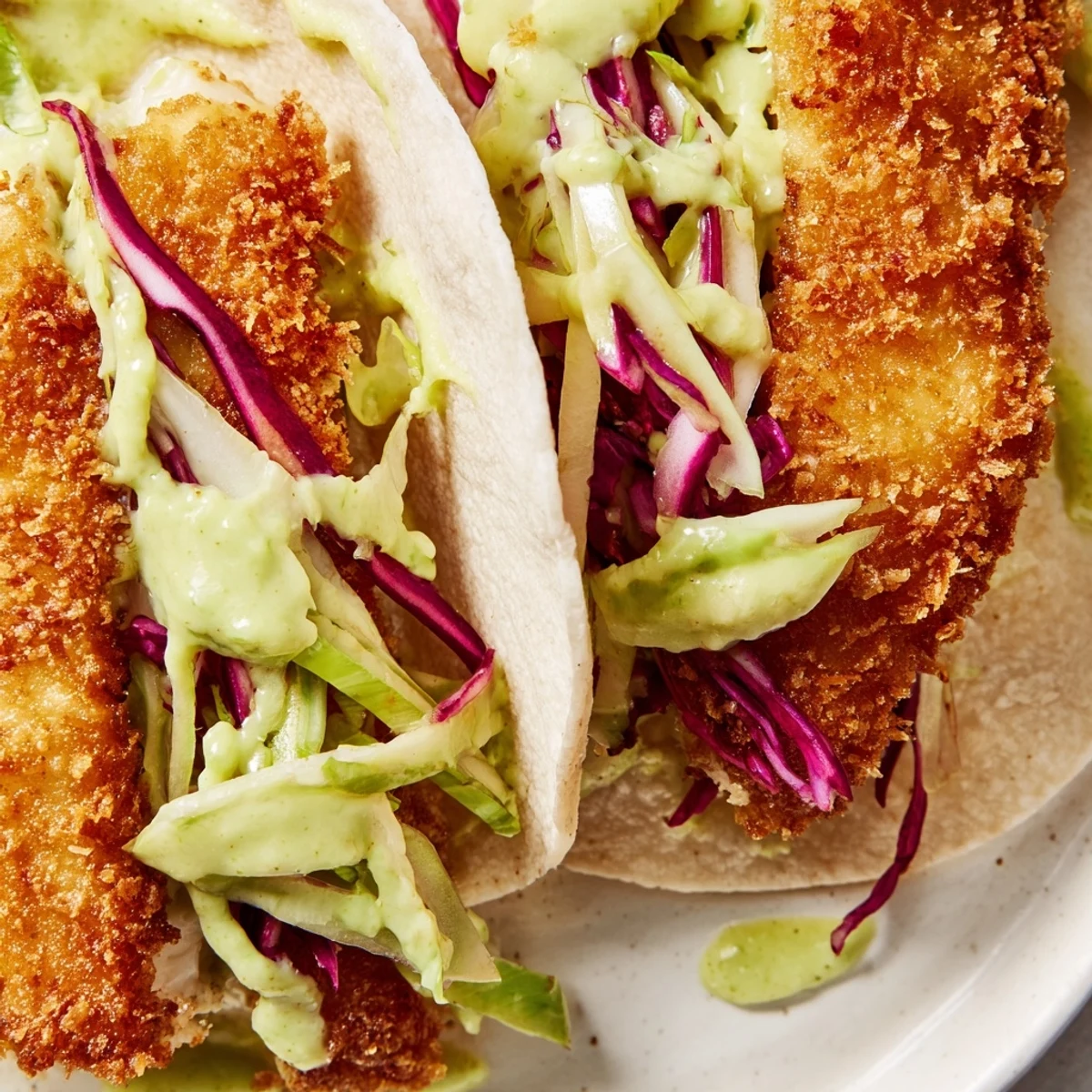 Baja fish tacos in warm corn tortillas with crunchy slaw and tangy green sauce