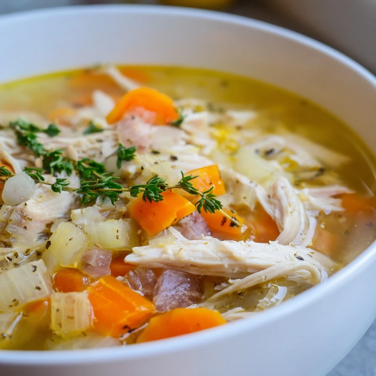 Golden Crockpot Lemon Chicken Soup brimming with tender shredded chicken and bright citrus flavor