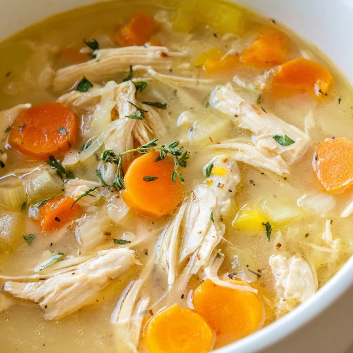 Steaming bowl of Crockpot Lemon Chicken Soup with carrots, celery, and fresh parsley garnish