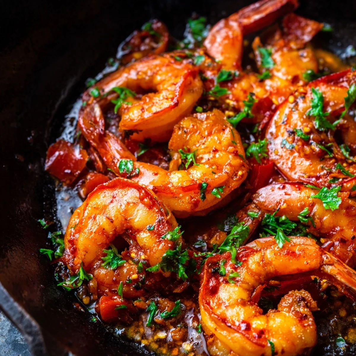Sizzling garlic paprika shrimp skillet with red bell peppers in rustic cast iron pan
