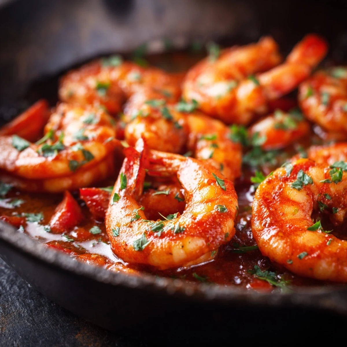 Golden garlic paprika shrimp skillet glistening with olive oil and fresh parsley garnish